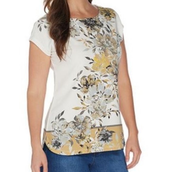 Denim&Co Tops - Denim & Co Printed Dolman Cap Sleeve Curved Hem Top 629